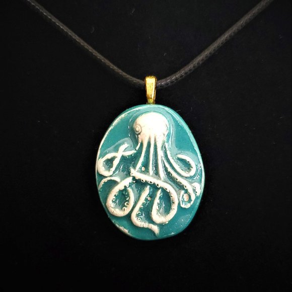 Handmade Ceramic Turquoise Octopus Kraken Pendant Necklace - Picture 1 of 14